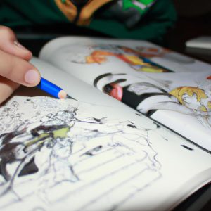 Person reading manga, drawing anime