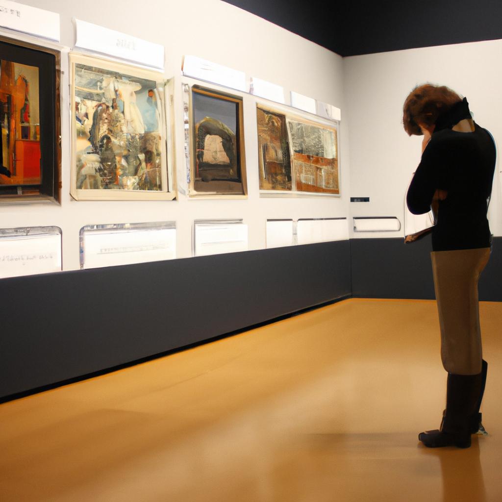 Person analyzing artwork in museum