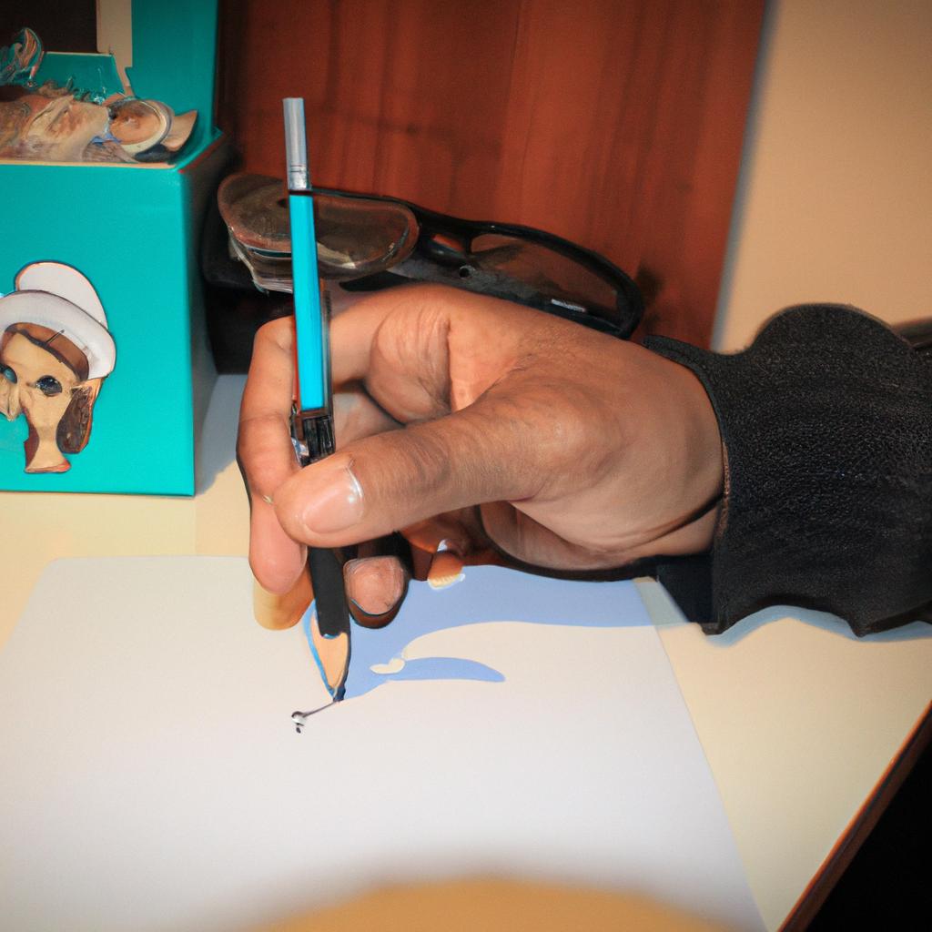 Person drawing caricatures with pen