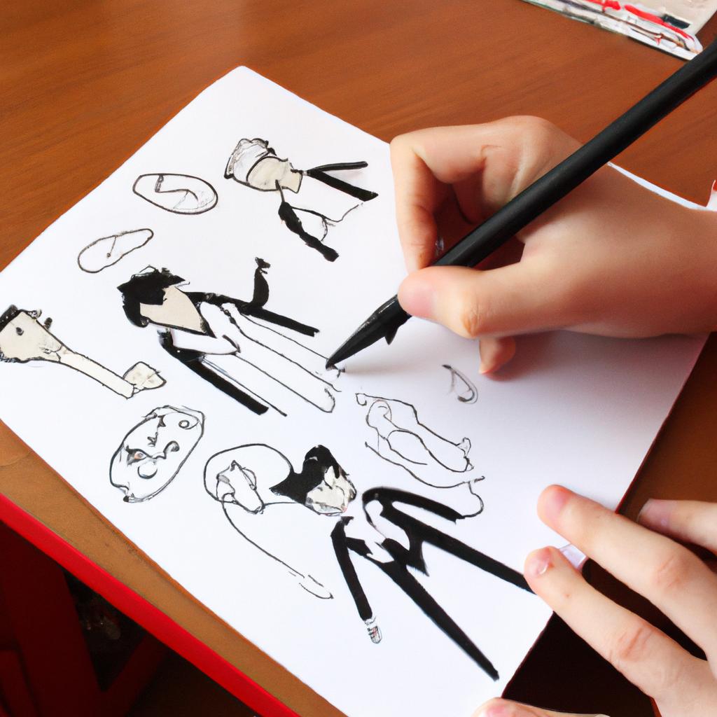 Person drawing comic strip characters