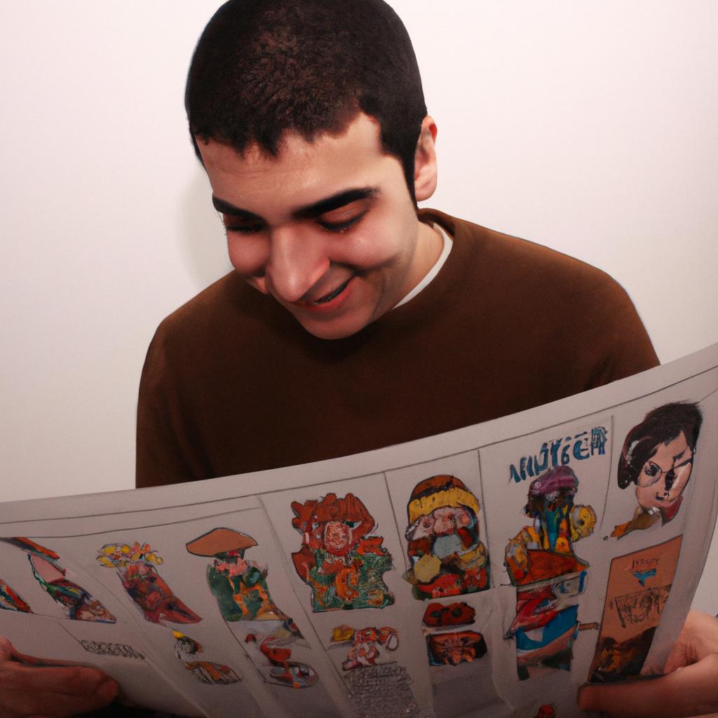 Person reading comic strip, smiling